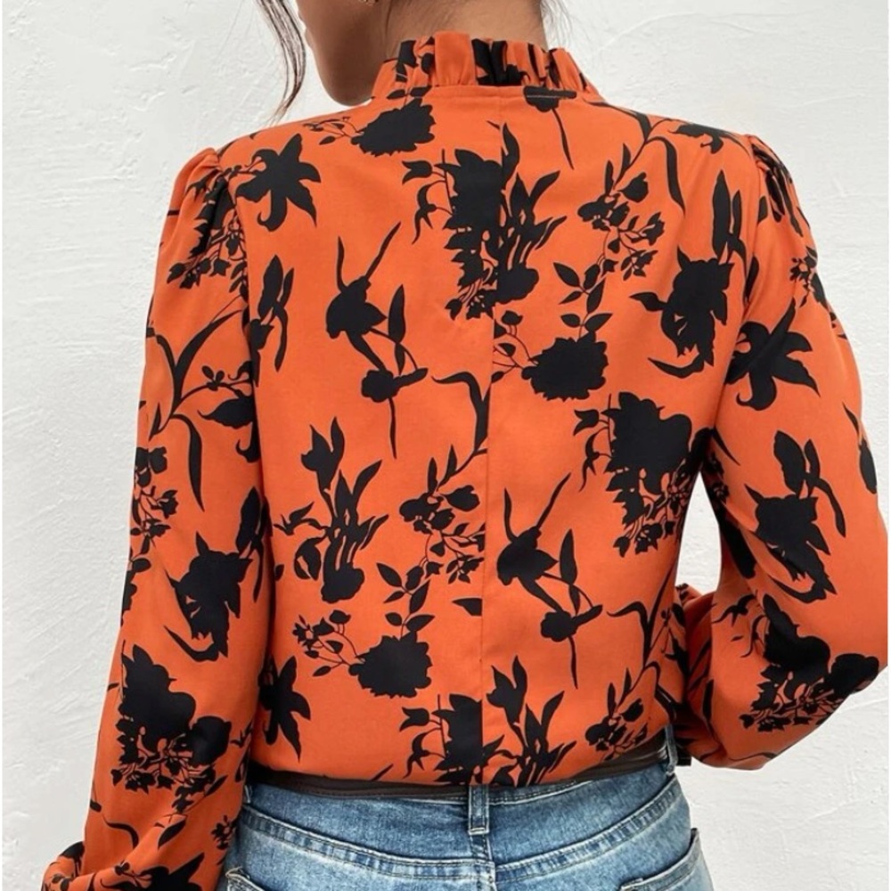More coming  fall floral orange top long sleeve, womens tops - Picture 2 of 3